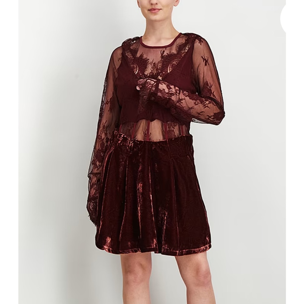Free People Burgundy Lace Sheer Long Sleeve Velvet Mini Dress